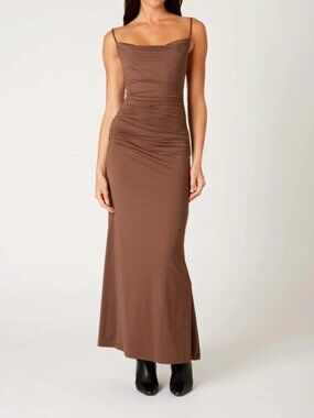 NIA Ina Dress Chocolate Brown Cowl Neck Ruched Full Length Bridesmaid Sze L NWOT